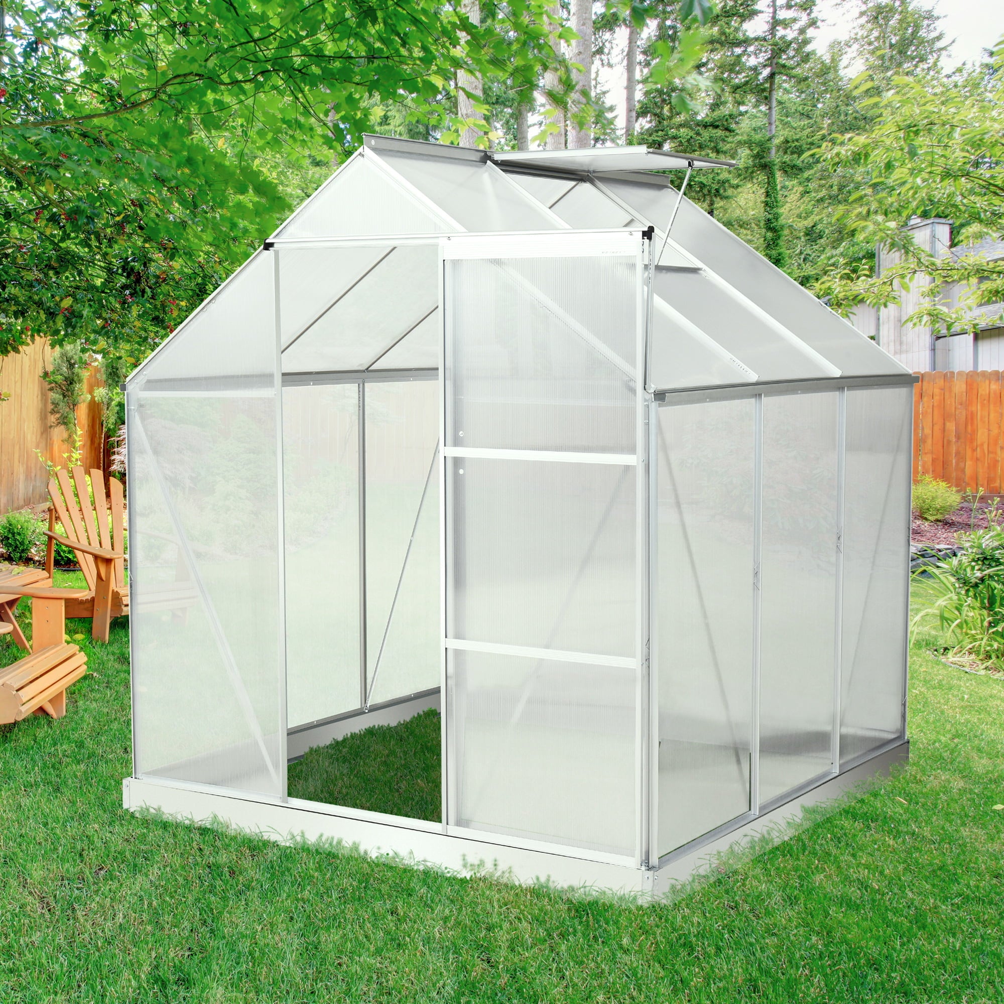 Outsunny 6' x 6' Polycarbonate Greenhouse with Aluminum Frame, Walk-in Garden Greenhouse Kit with Adjustable Roof Vent, Rain Gutter and Sliding Door for Winter, Silver