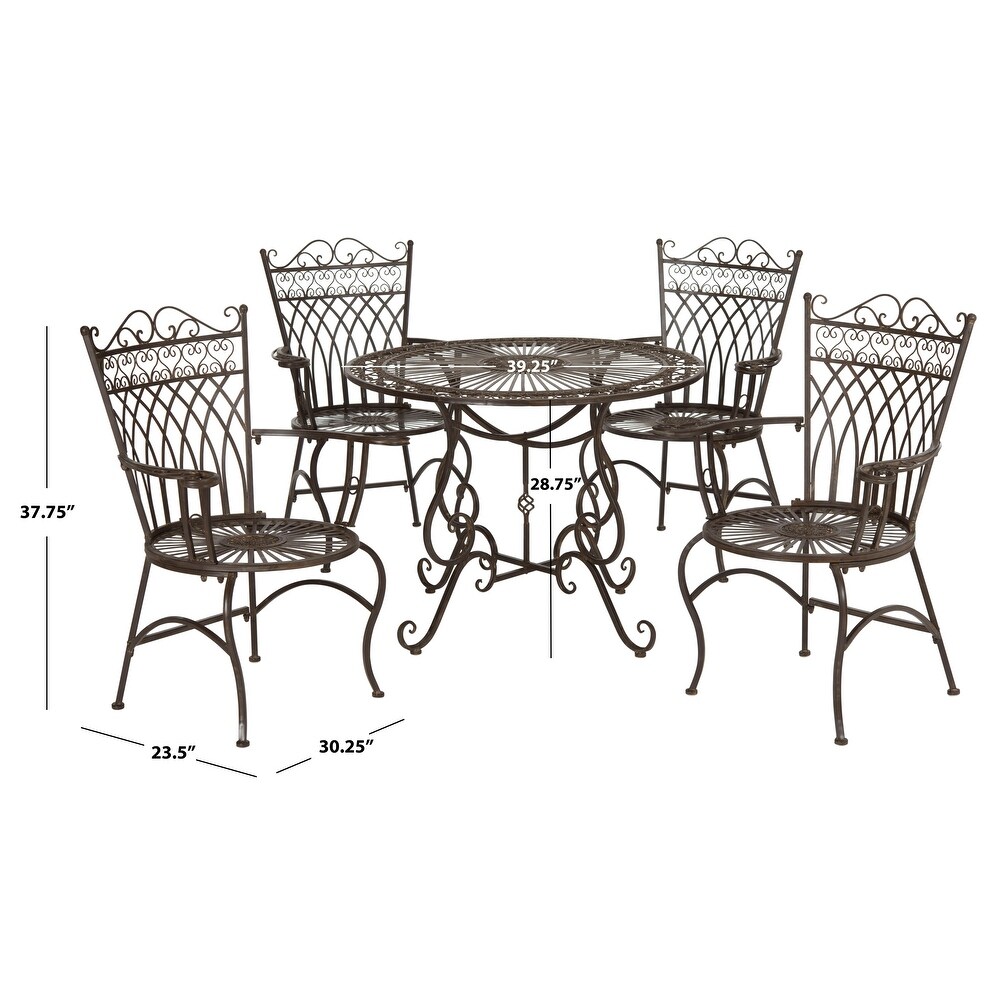 SAFAVIEH Outdoor Living Thessaly Victorian Scroll Iron 5 Piece Dining Set   TABLE: 39.25x39.25x28.75 CHAIR: 30.25x23.5x37.75