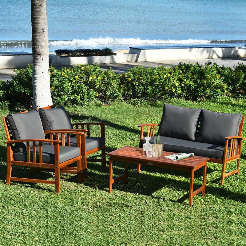 4 Pcs Acacia Wood Patio Furniture Set Outdoor Sofa Chair Conversation Set with Seat & Back Cushions