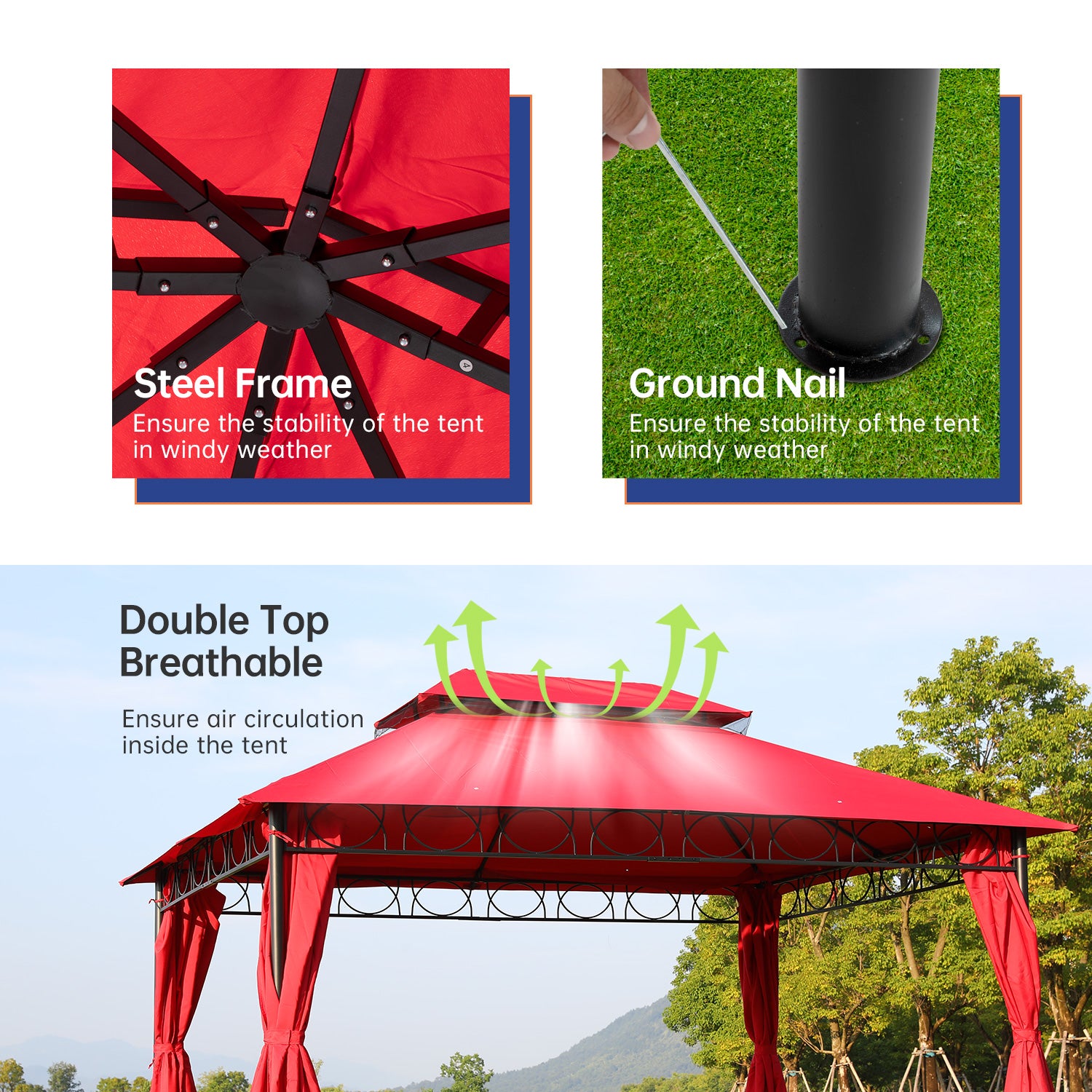 10'x13' Gazebo UV Protection Outdoor Canopy Tent Double Vented Roof Gazebos with 4 Sidewall for BBQ Party Patio Outdoor,Red