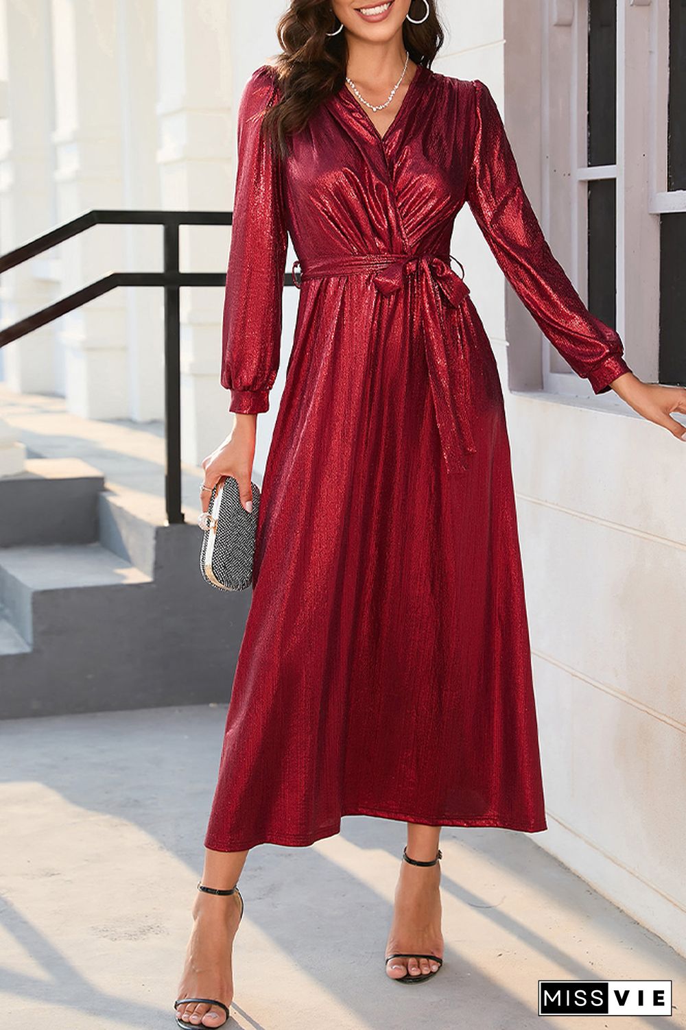 Wrap V Neck Shiny Puffy Sleeves Maxi Dress