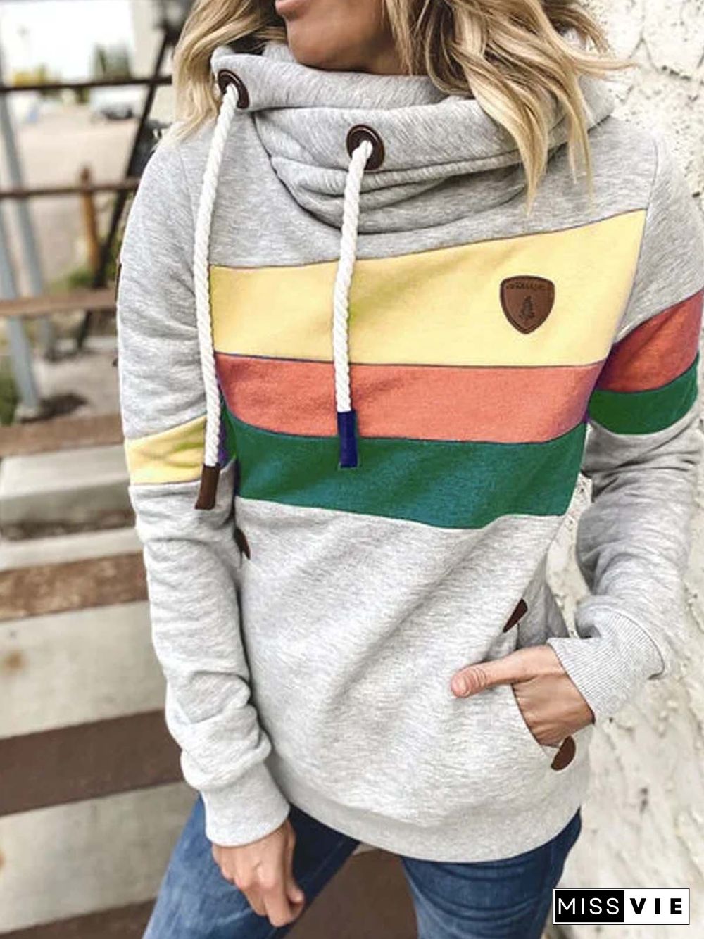 Light Gray Cotton-Blend Casual Patchwork Color-Block Sweatshirts