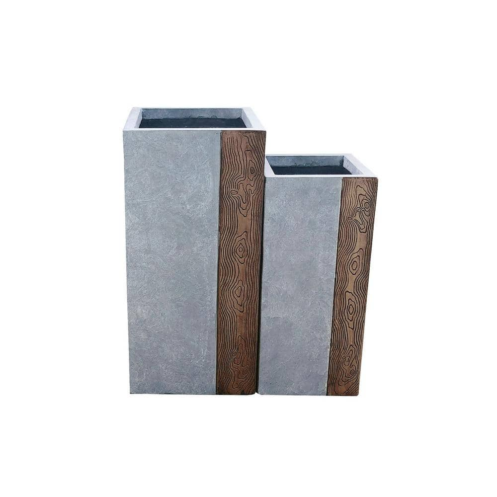 KANTE 28 in. and 24 in. Tall Timber Ridge Lightweight Concrete Tall Modern Square Outdoor Planter Set RF0218BC-C80811