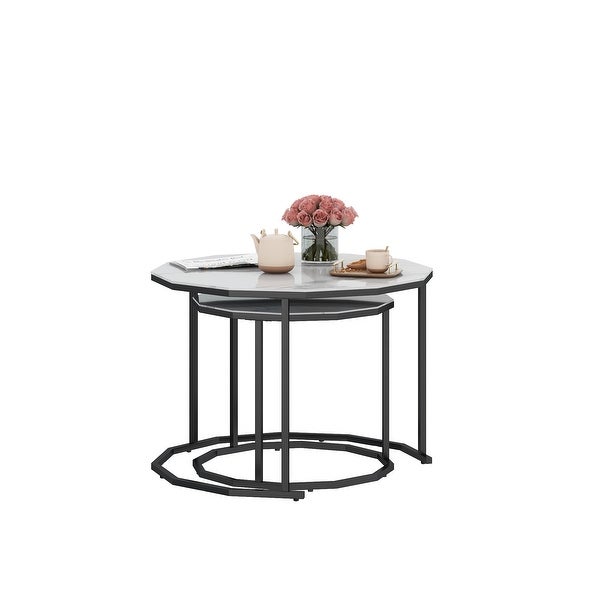 Nesting Coffee Table / End table with 12-sided Artificial Marble Top and Metal Legs