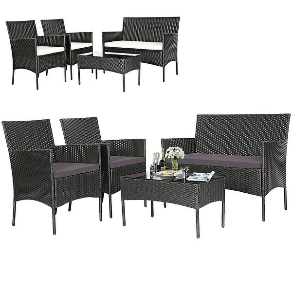 Gymax 4PCS Outdoor Furniture Set Patio Rattan Conversation Set w/ Grey