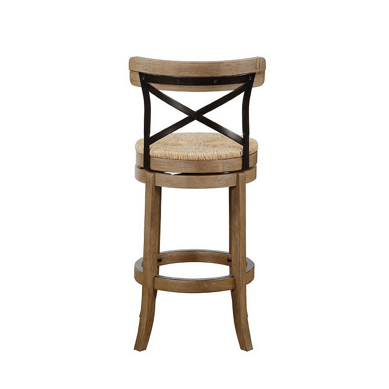 Mia 29 Inch Swivel Barstool， Crossed Metal Back， Sedge Seat， Natural Brown