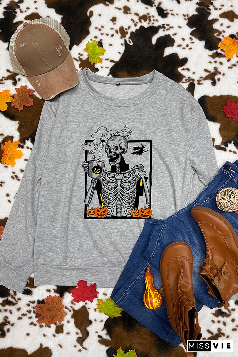 Skeleton and Pumpkin Halloween Crewneck Sweatshirt Wholesale