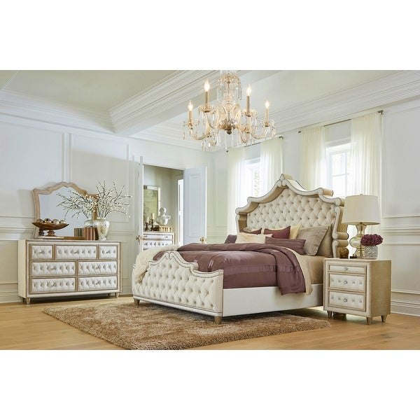 Upholstered Eastern King Bedroom Set in Ivory and Camel - - 36135747