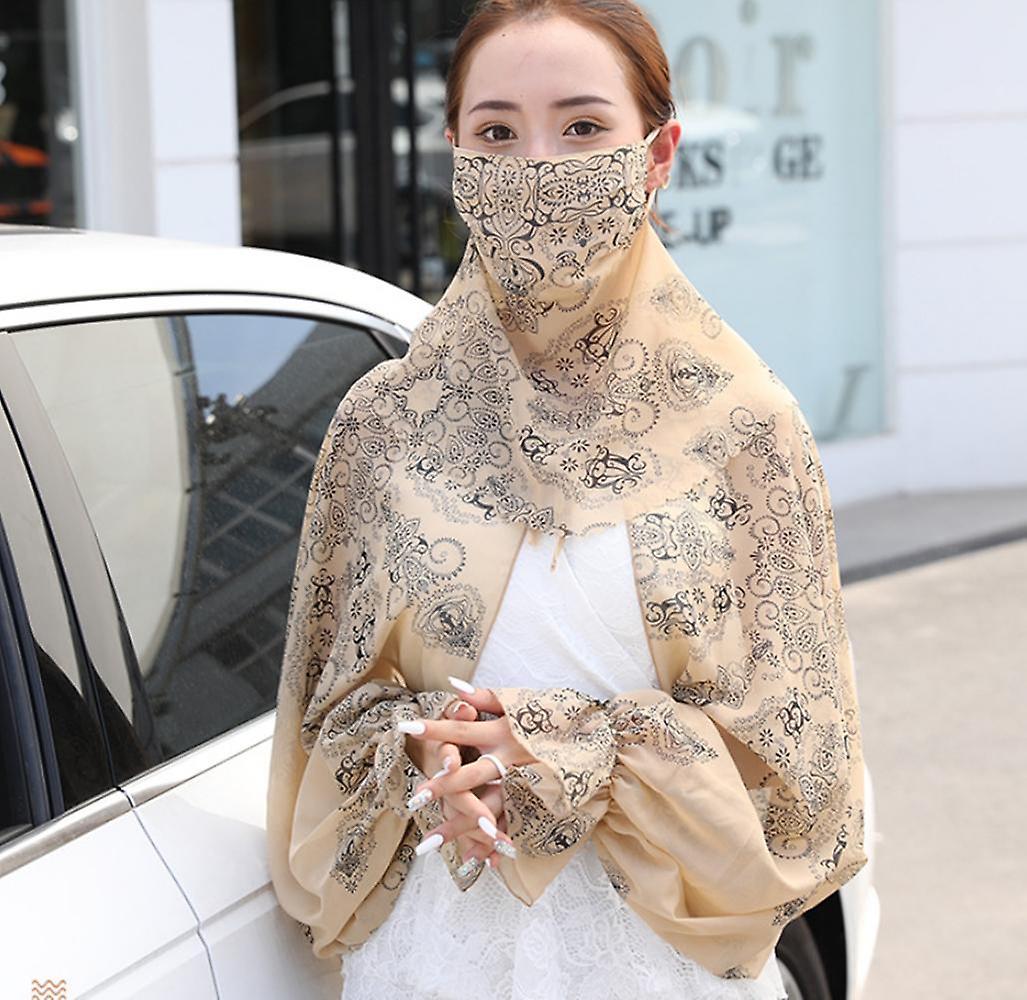 Women Chiffon Long Arm Sleeves Anti-uv Cloak With Mask Finger Hole Shawl