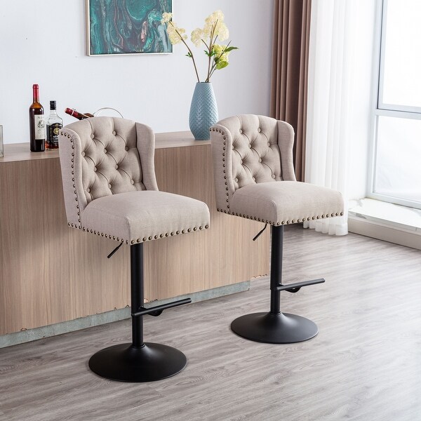 Swivel Bar Stools Chair Set of 2 Adjustable Counter Height Linen Upholstered Stool with Tufted Wing Back in Cream