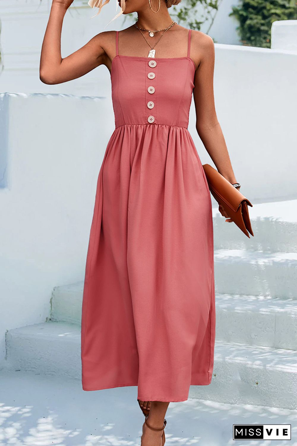 Sleeveless Buttoned Spaghetti Long Dress