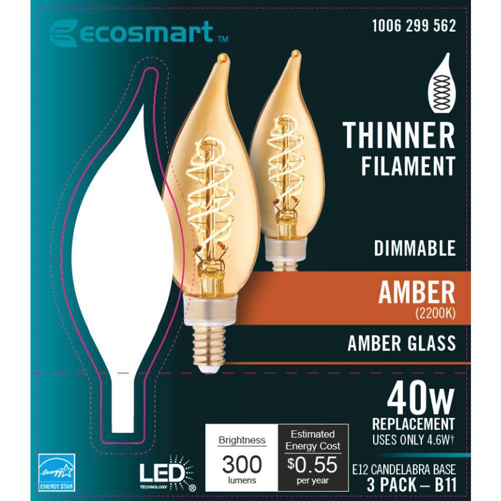 EcoSmart 40-Watt Equivalent BA11 Dimmable E12 Candelabra Fine Bendy Filament LED Vintage Edison Light Bulb Amber (3-Pack) BA11A5E12822S