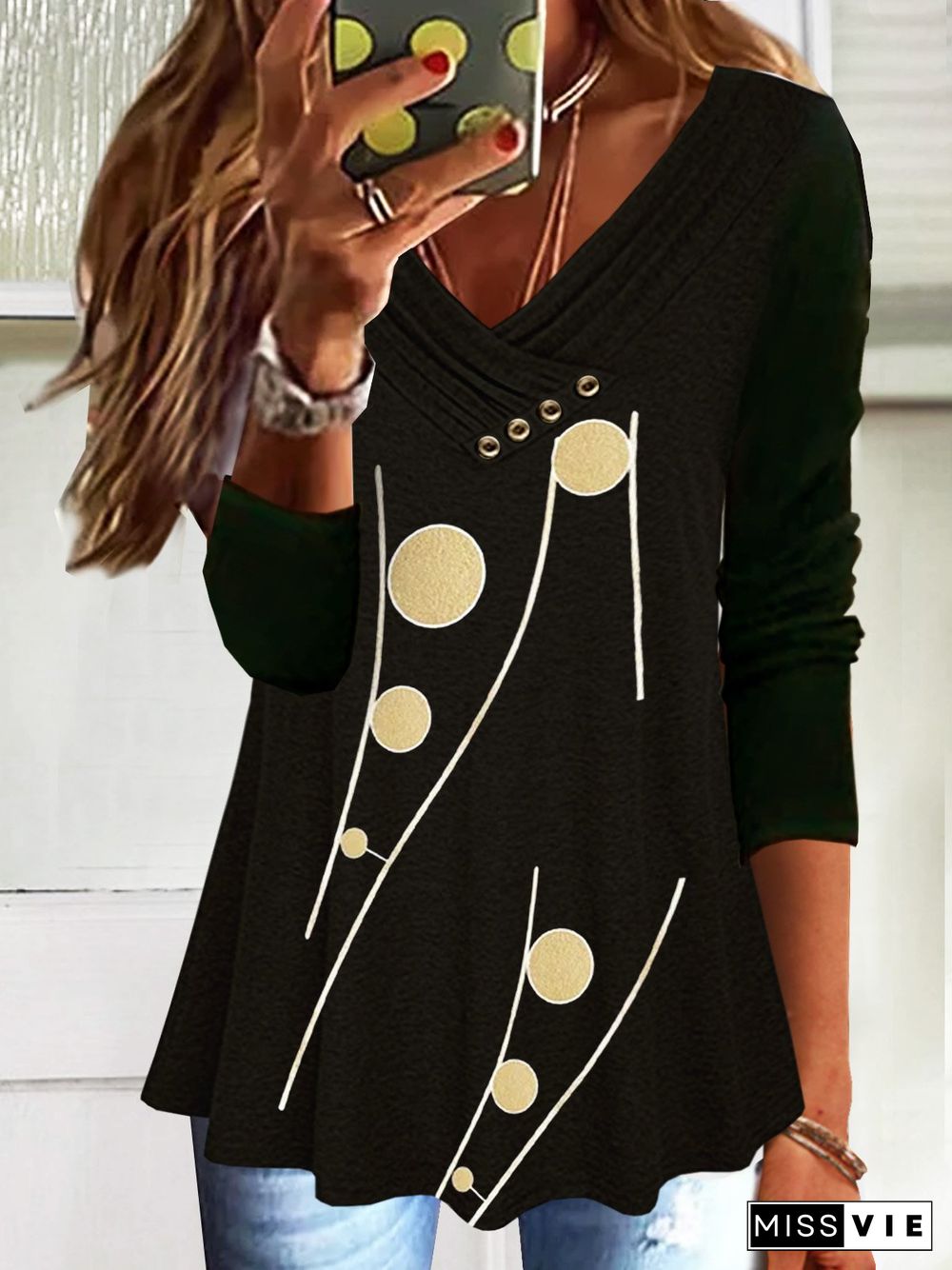 Geometric Casual Autumn Loose Long sleeve A-Line Regular Medium Elasticity Regular Size T-shirt for Women