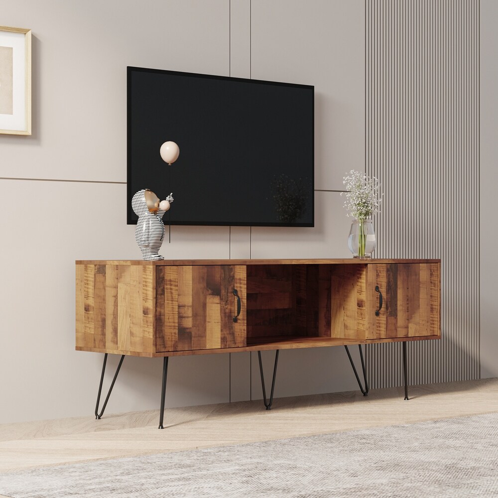 TV Media Stand  60 inch Wide   Modern Industrial  Living Room Entertainment Center  Storage Shelves and Cabinets