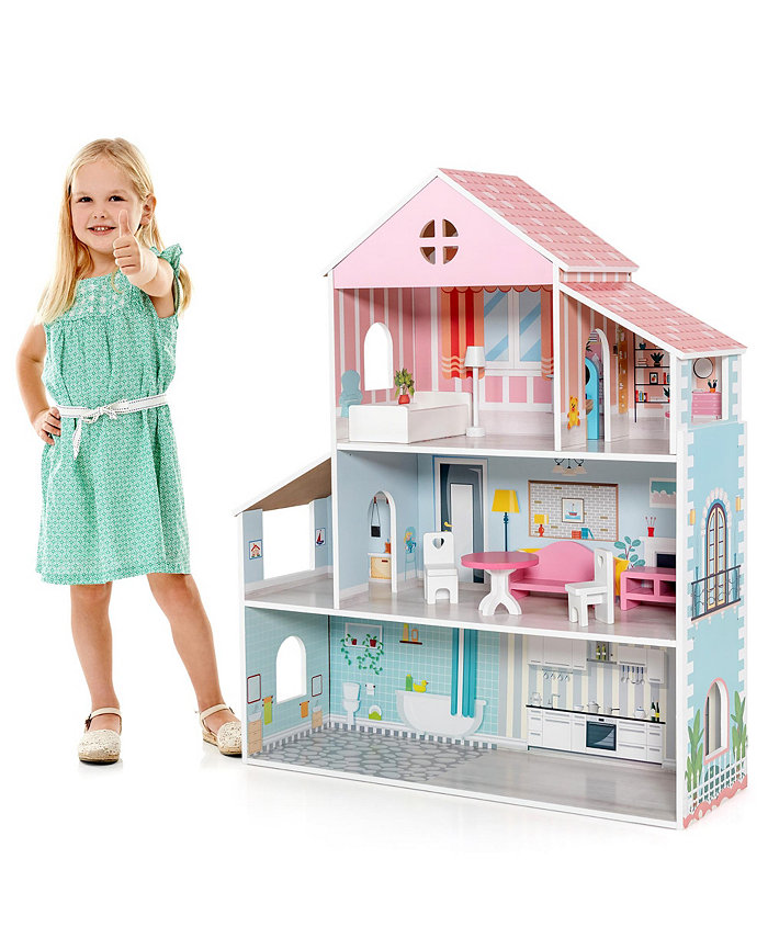 Costway Wooden Dollhouse For Kids 3-Tier Toddler Doll House W Furniture Gift For Age 3+