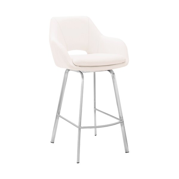 26 Inch Leatherette and Metal Swivel Counter Stool， White and Silver