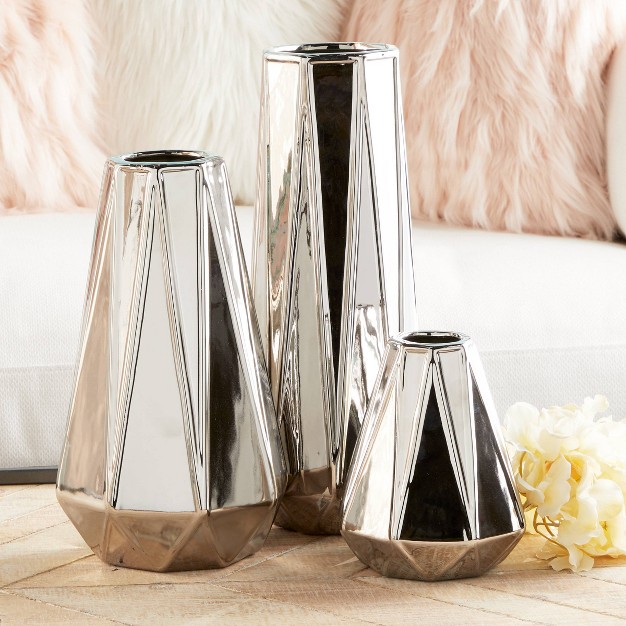 Set Of 3 Glam Style Geometric Metallic Electroplated Vases Silver Cosmoliving By Cosmopolitan