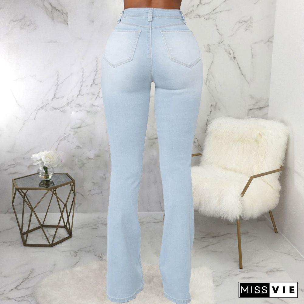 High Waist Full Length Slim Flare Jeans Pants