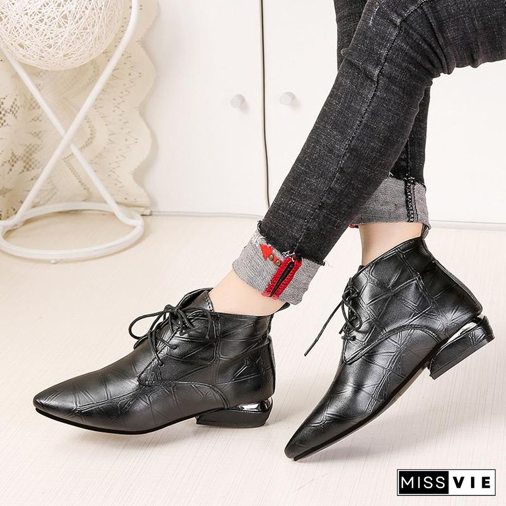 Pointed Toe Square Heel Women Boots Fashion High Heels Ankle Boots  Lace Up Leather Rubber Shoes