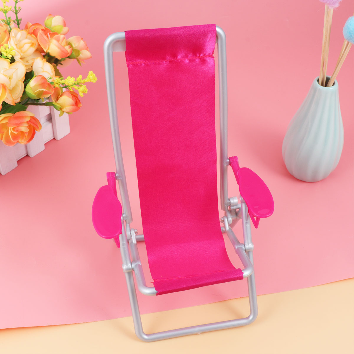 Etereauty Mini Deck Chair Oxford Cloth Small Simulation Adjustable Folding Beach Chair for Home Model Doll House Accessories