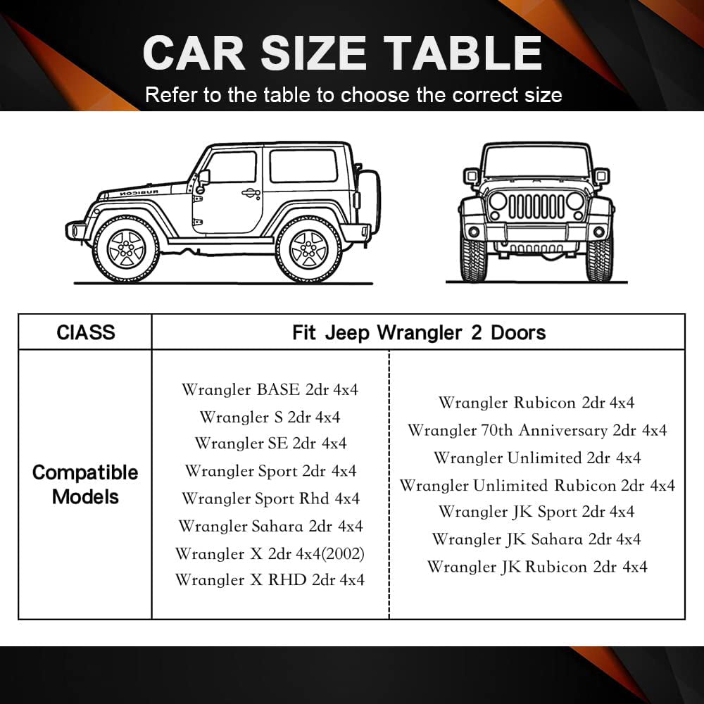 Waterproof and all-weather car cover for Jeep Wrangler， full outdoor coverage， snow， sun and UV protection， suitable for all 2-door Jeep Wranglers.