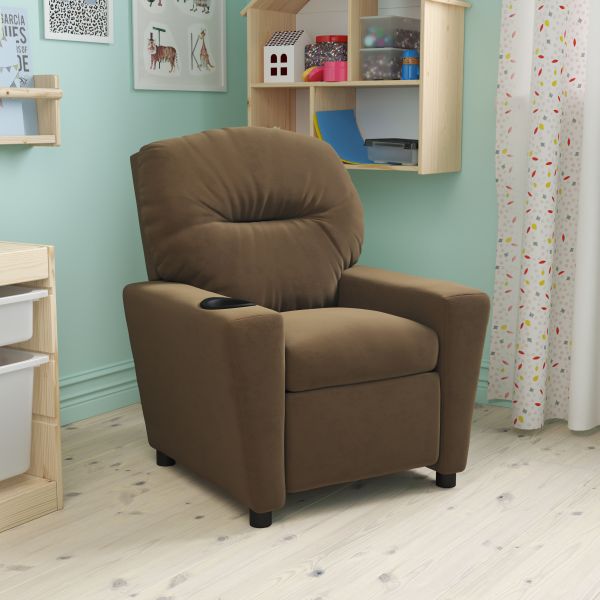 Chandler Contemporary Brown Microfiber Kids Recliner with Cup Holder