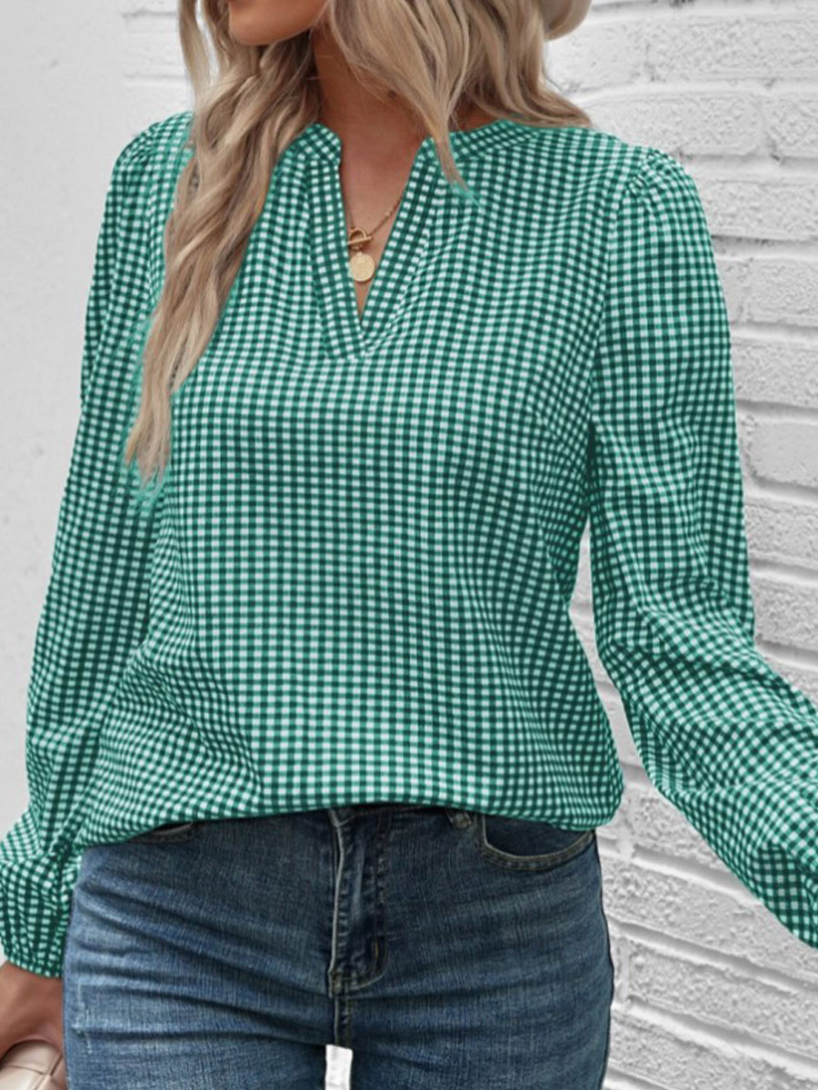 V-neck Casual Loose Check Print Long Sleeve Blouse