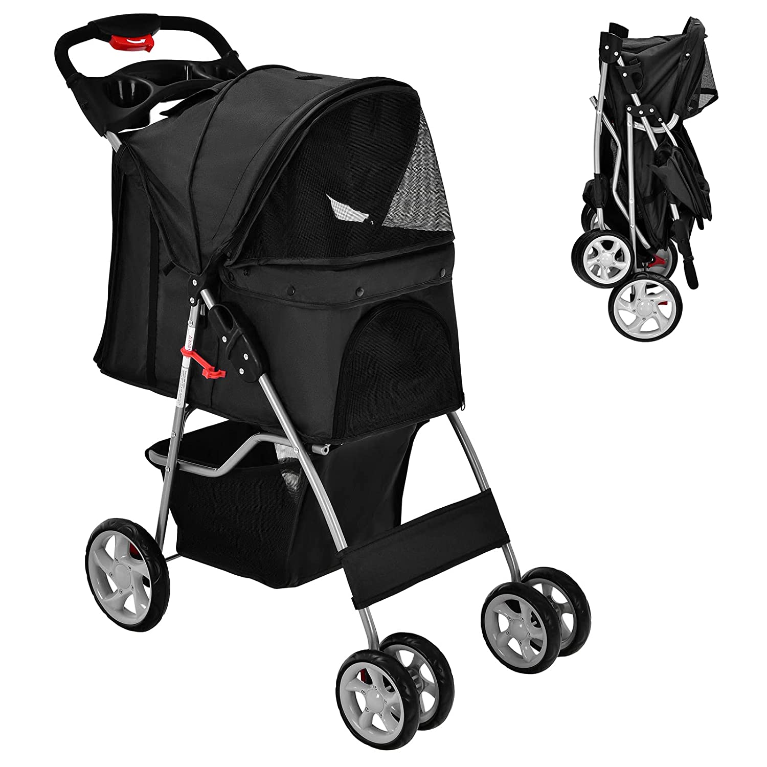 Folding Dog Stroller， Pet Stroller for Small Medium Dogs Cats Puppy， 4 Lockable Wheels Cat Stroller Travel Carrier Strolling Cart with Safety Belt， Removable Liner and Storage Basket (Black)