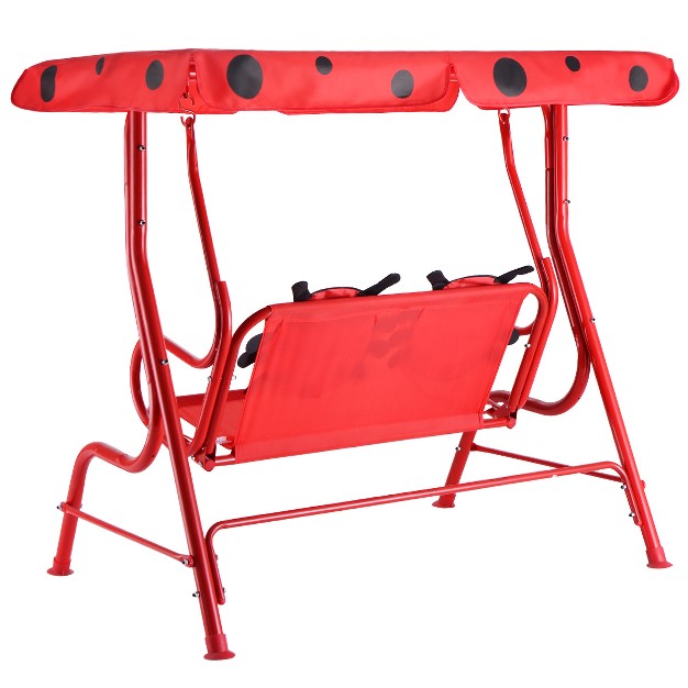 Costway Kids Patio Swing Chair Children Porch Bench Canopy 2 Person Yard Furniture Red