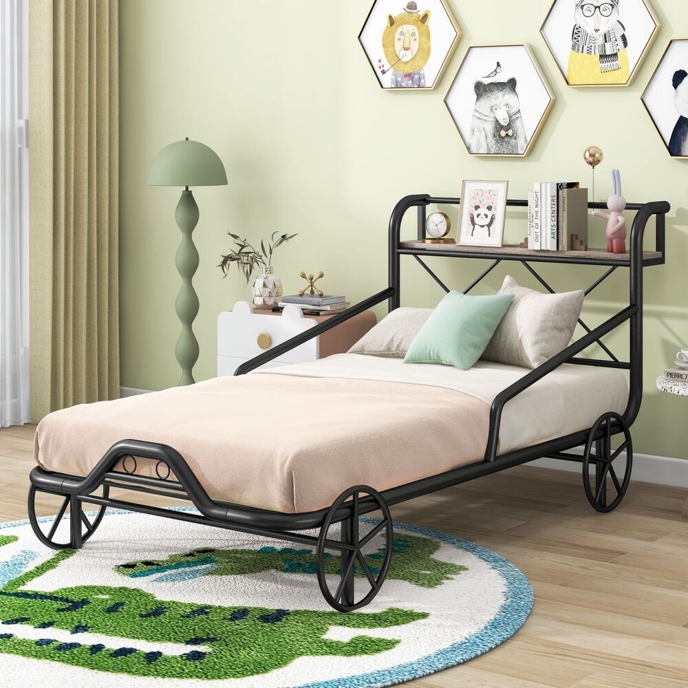 Black Twin Size Metal Car Bed with Four Wheels and X Shaped Frame Shelf