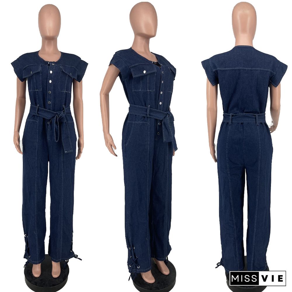 Plain Denim Belt Casual Jumpsuit