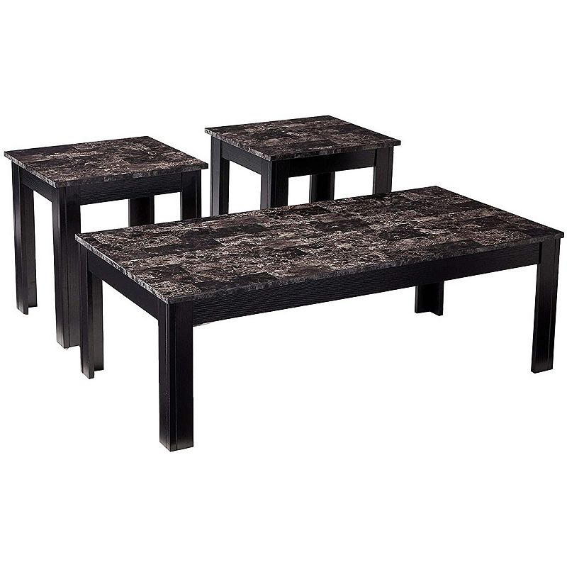 Impressive 3 piece occasional table set with marble top， black