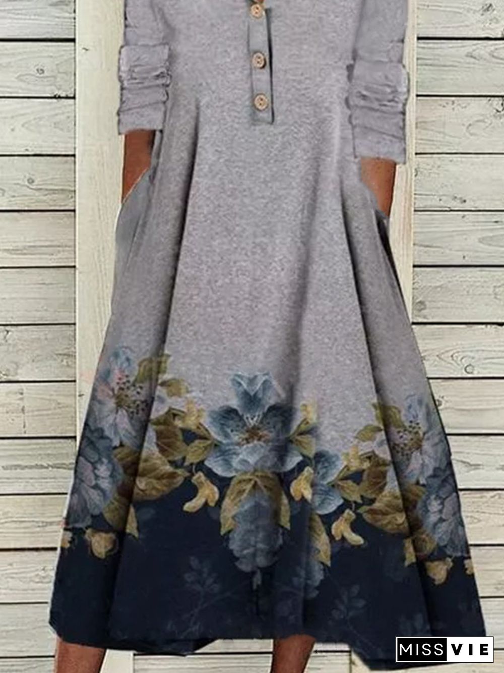 Gray Floral Printed Buttoned V Neck Casual Long Sleeve A-line Knitting Dress