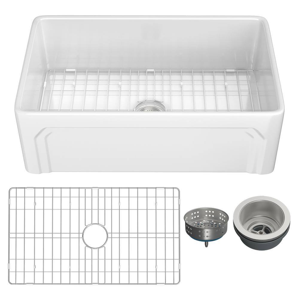 White Fireclay 30 in. Single Farmhouse Apron Kitchen Sink with Bottom Grid and Basket Strainer HKD-301810F-W