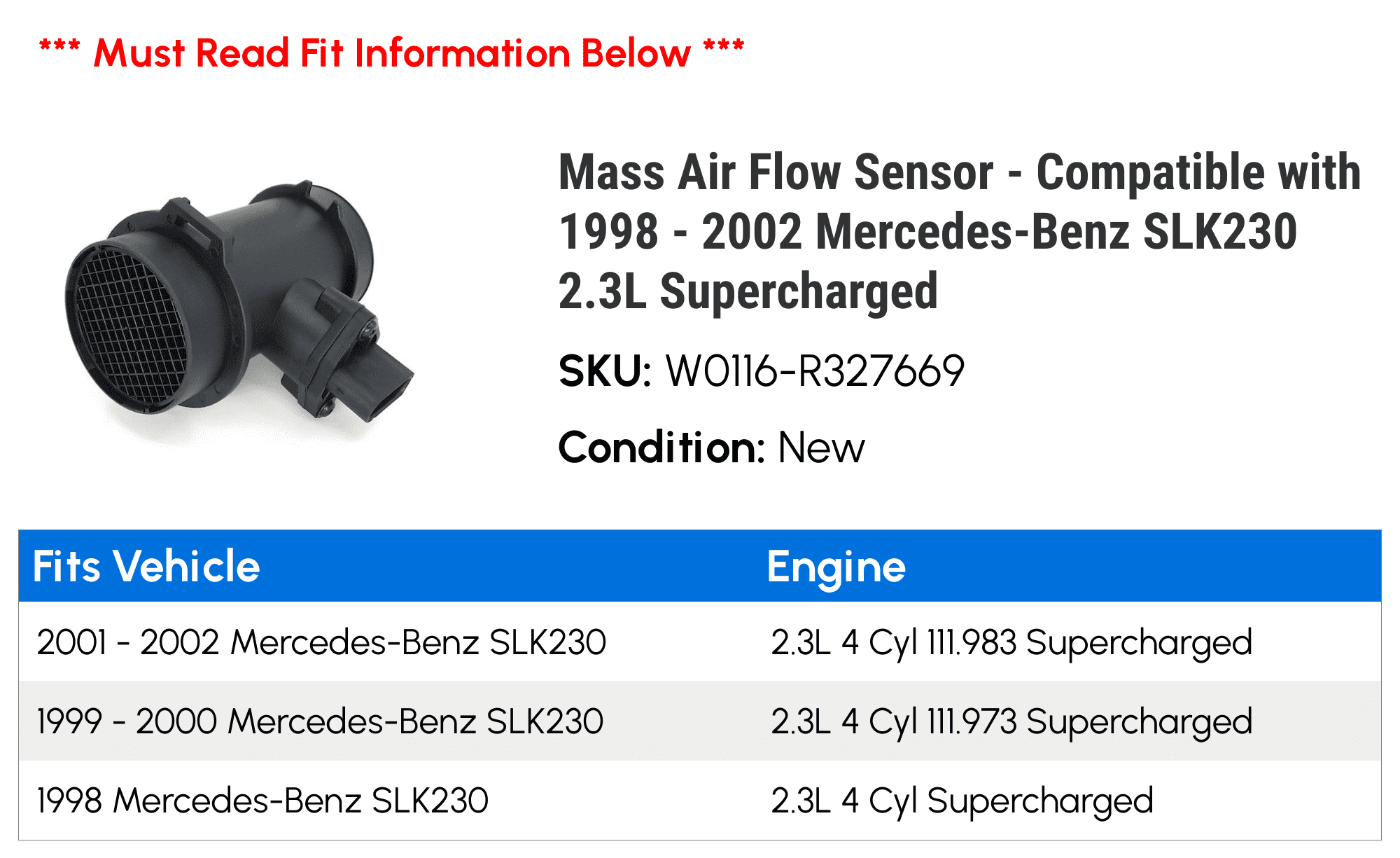 Mass Air Flow Sensor - Compatible with 1998 - 2002 Mercedes-Benz SLK230 2.3L Supercharged 1999 2000 2001