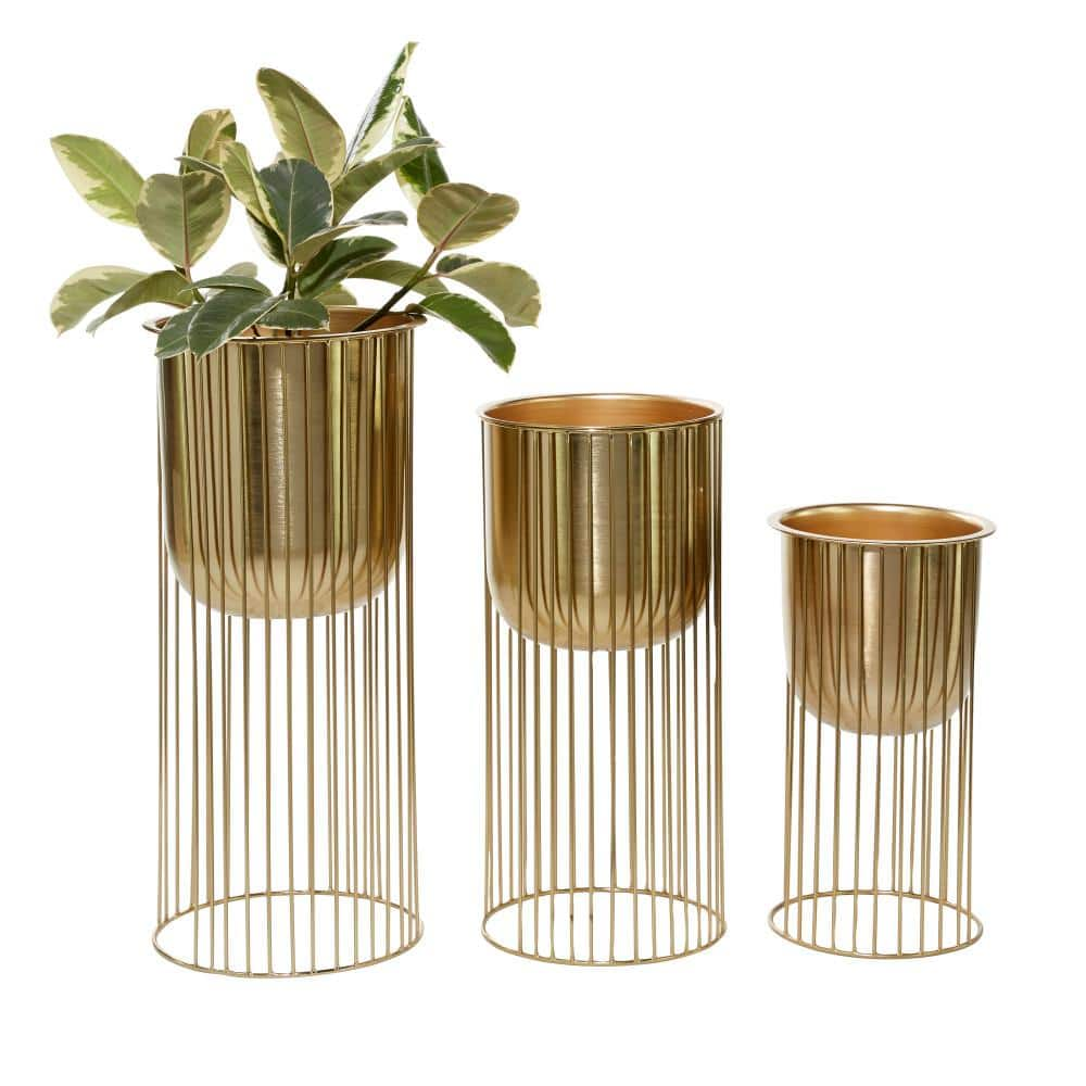 Litton Lane 24in. Large Gold Metal Deep Recessed Dome Planter with Elevated Caged Stand (3- Pack) 51982