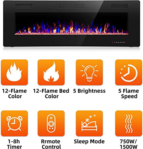 R.W.FLAME 50" Electric Fireplace in-Wall Recessed and Wall Mounted 1500W Fireplace Heater and Linear Fireplace with Timer/Multicolor Flames/Touch Screen/Remote Control (Black)