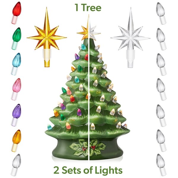 15 Hand Painted Ceramic Christmas Tree，Green PreLit Tree with Star