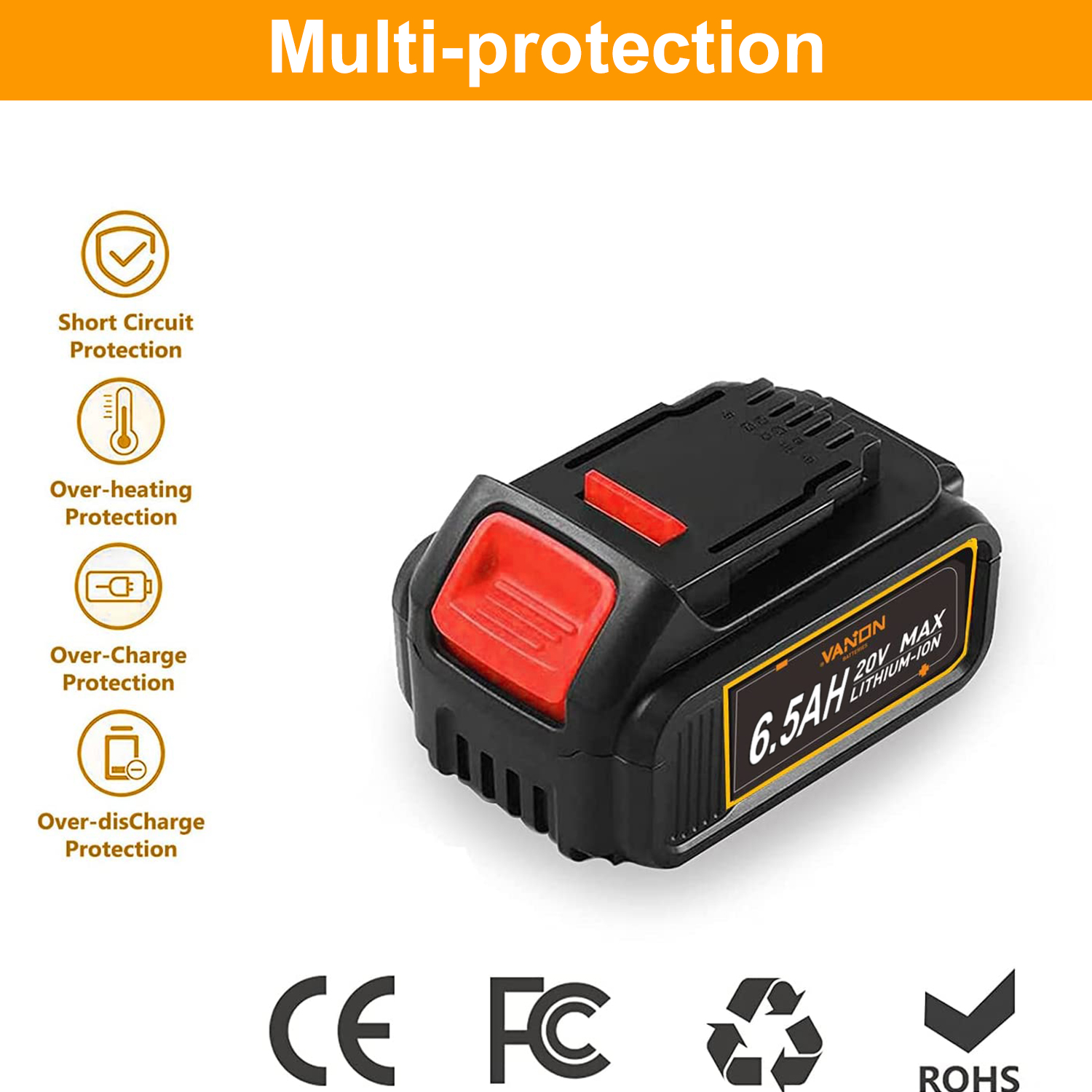 20V 6.5Ah Replacement Batteries Works for DW DCB207 DCB206 DCB205 DCB204， 20V Li-Ion Battery Compatible with DW Cordless Power ToolsI