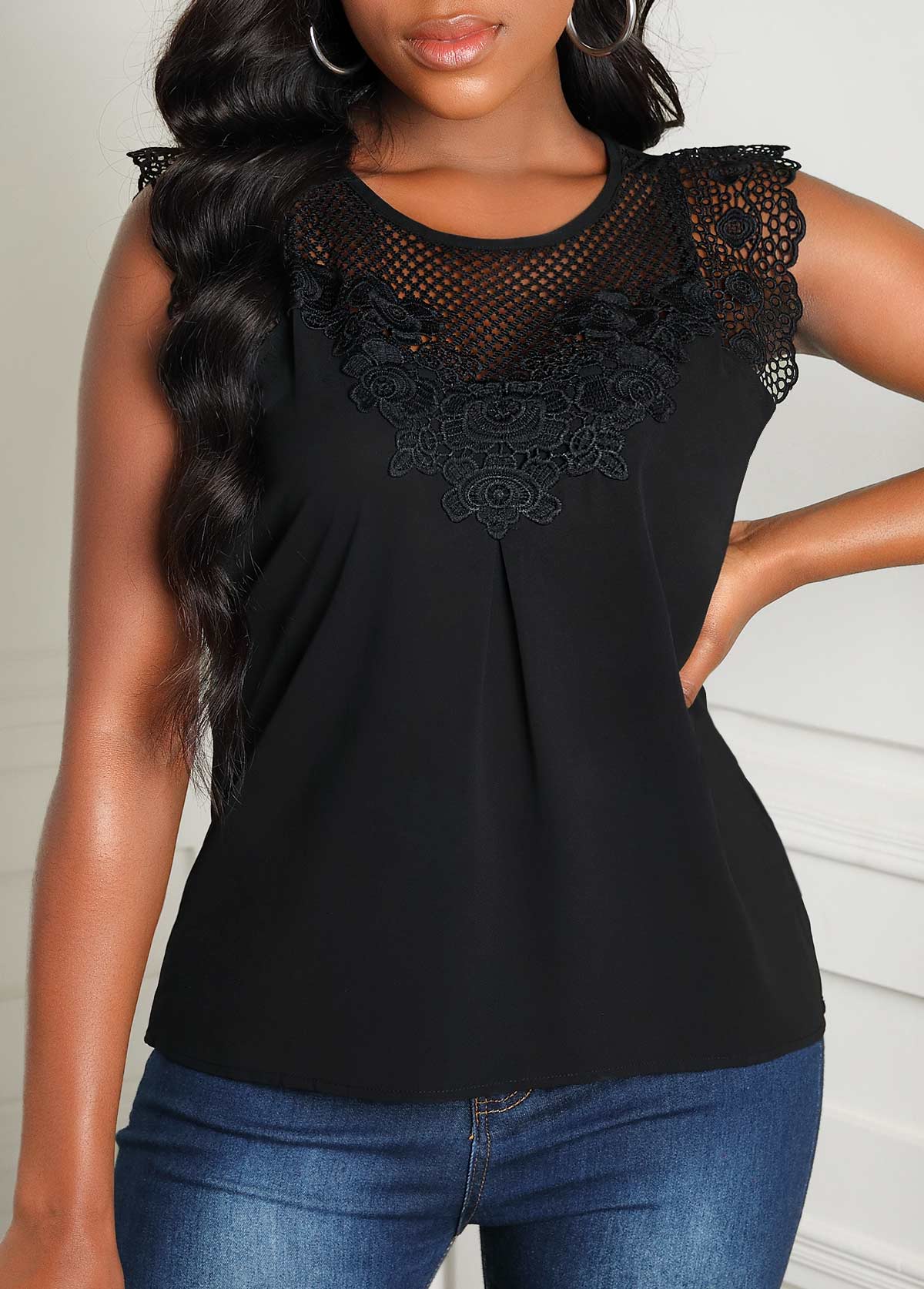 Lace Stitching Round Neck Black Tank Top