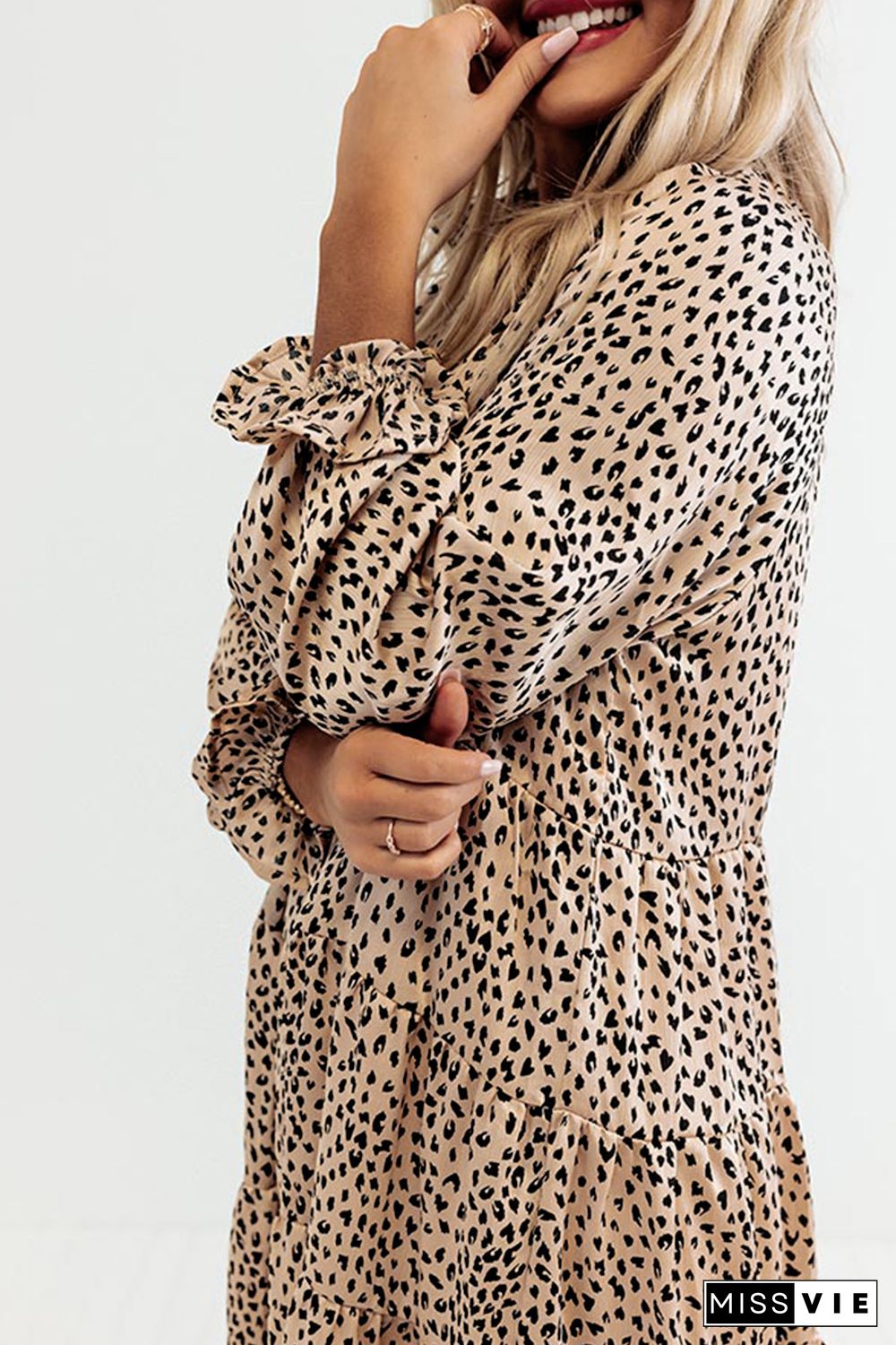 Khaki Leopard Print Ruffled V Neck Long Sleeve Mini Dress