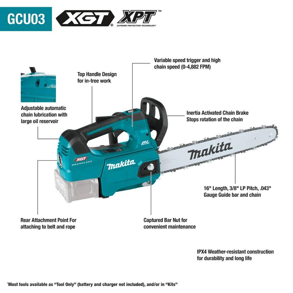 Makita XGT 16 in. 40V max Brushless Battery Top Handle Electric Chainsaw (Tool Only) GCU03Z