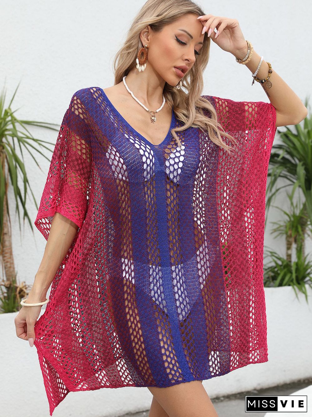 Openwork Contrast V-Neck Cover-Up