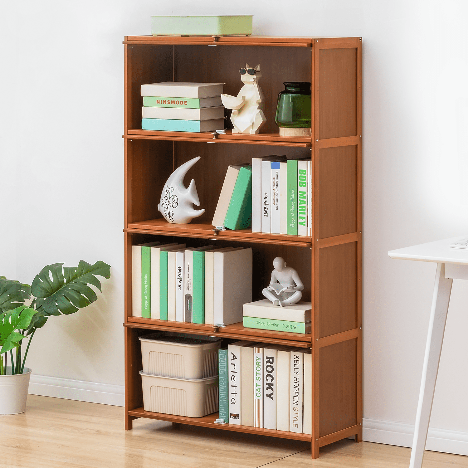 MoNiBloom Bamboo/Acrylic 4 Shelves Bookshelf with Door, Books Toys Storage Bookcase, Brown, for Home