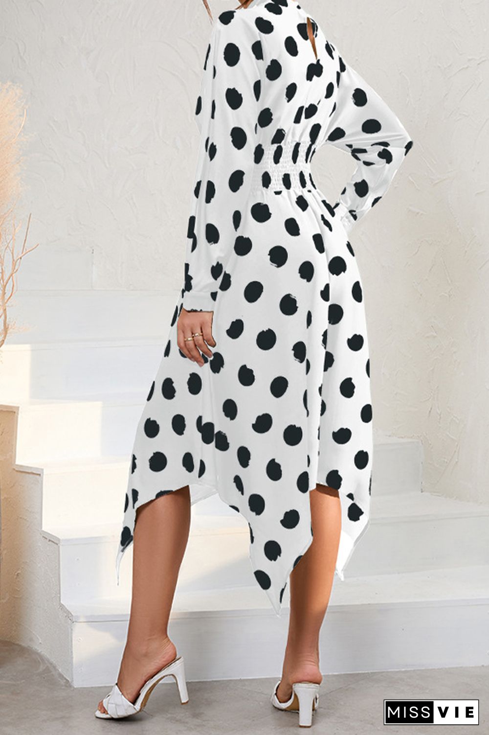 Long Sleeve High Waist Polka Dot Dress