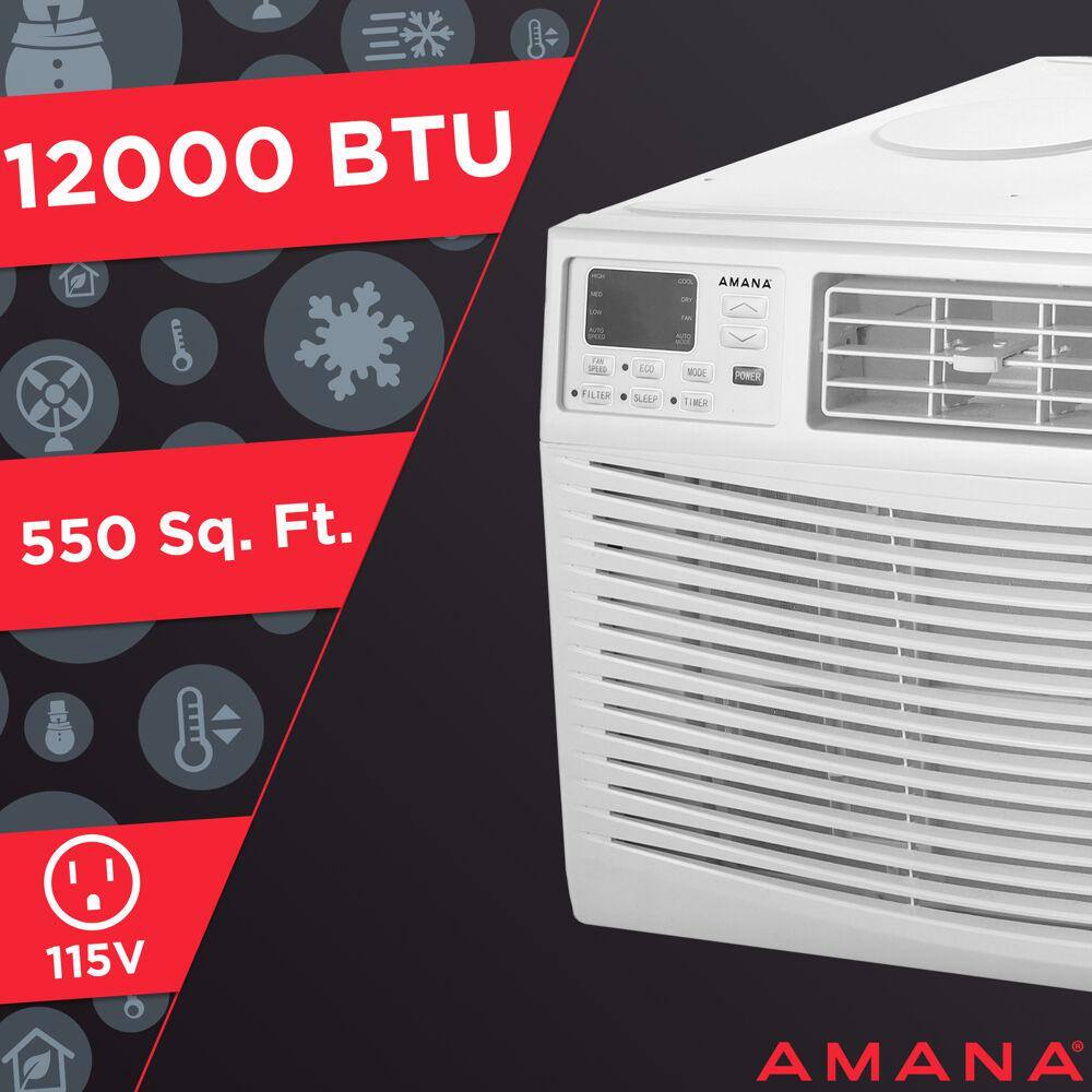 Amana 12000 BTU 115V Window AC w Remote for Rooms up to 550 sq. ft. 24-Hour Timer 3-Speed Auto-Restart Digital Display White AMAP121BW