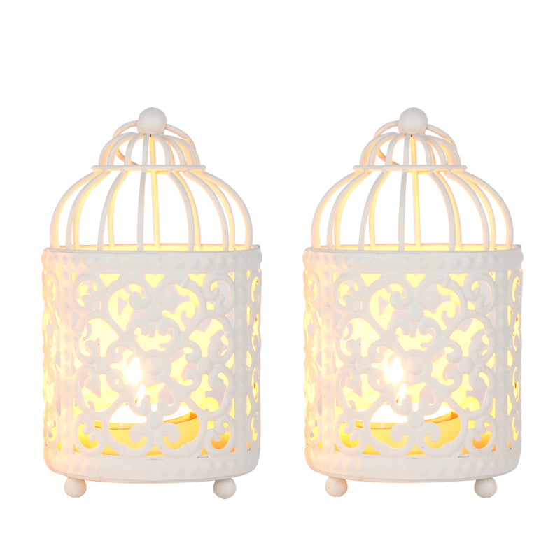 JHY DESIGN 2 Set of Small Metal Hollow Candle Stick Holder (White Birdcage)