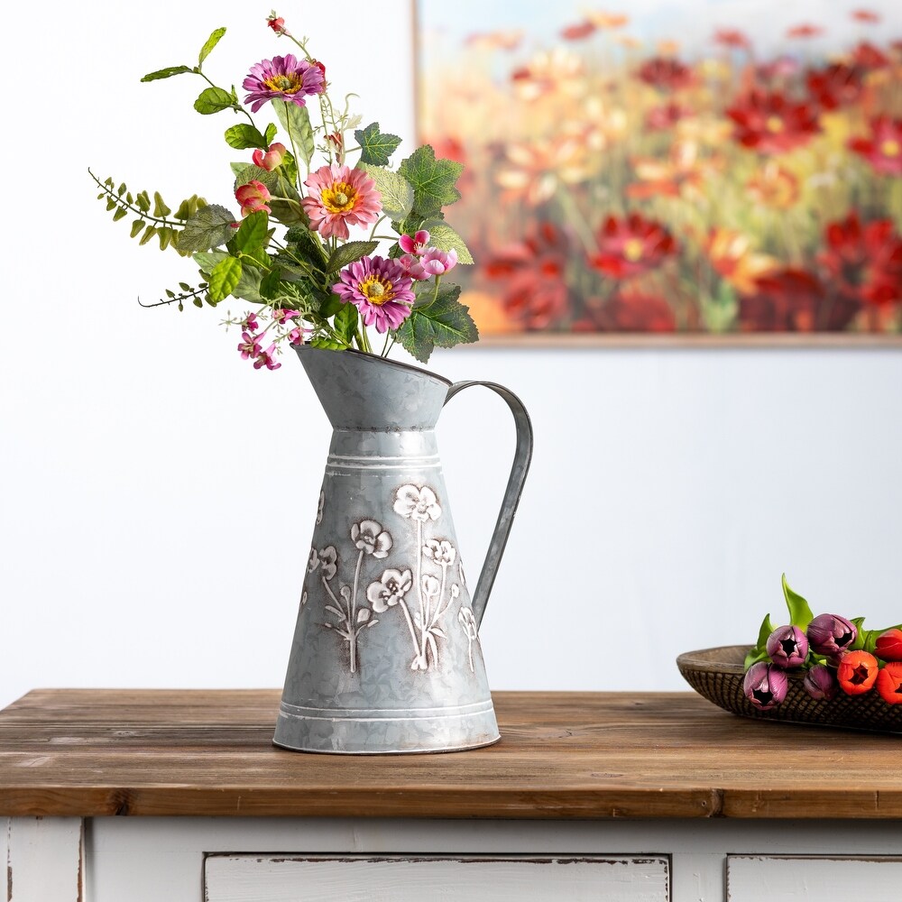 Floral Stamped Metal Pitcher Vase 12.5\