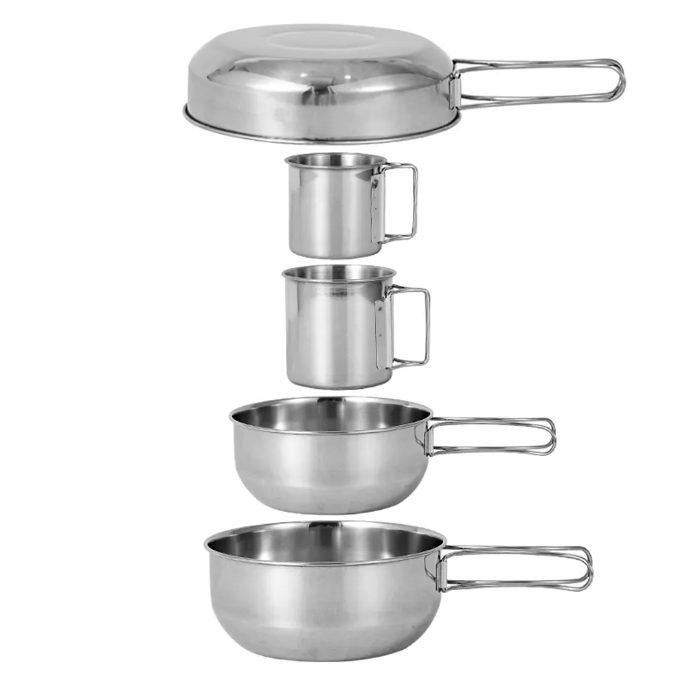 Cross border outdoor mountaineering portable 5 piece pot camping picnic barbecue travel fishing stainless steel cups and bowls