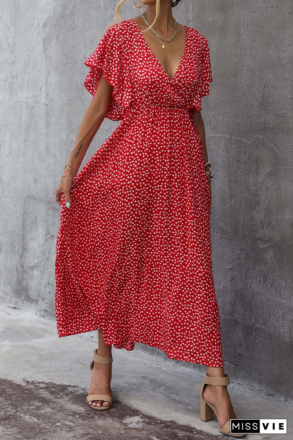 Polka Dot Print V Neck Long Dress Wholesale